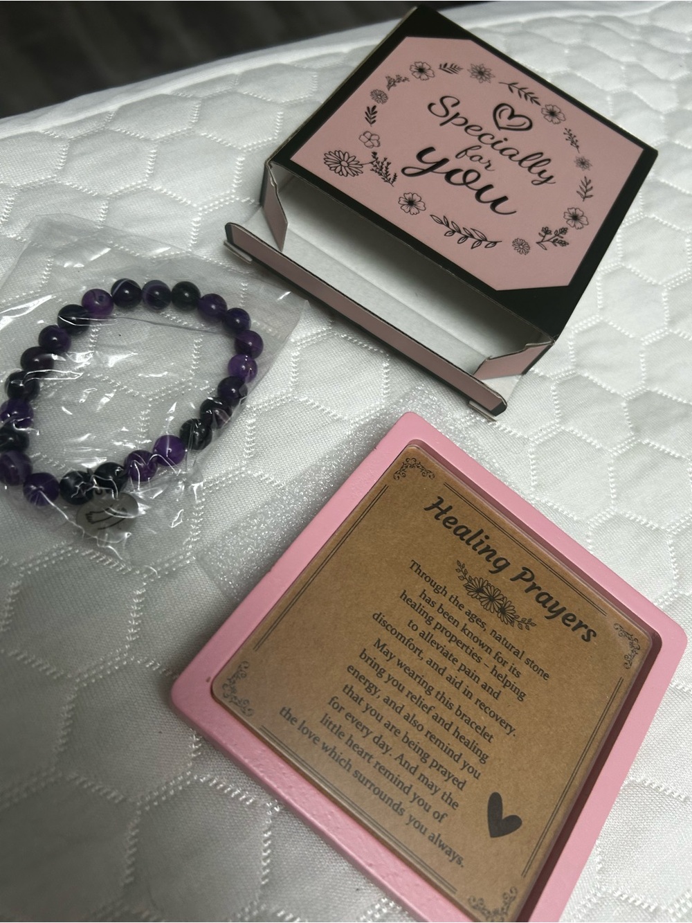 Purple Beaded Stretch Bracelet with Healing Prayer Card